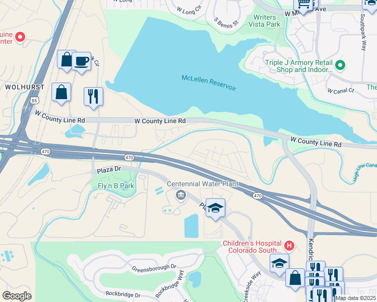 map of restaurants, bars, coffee shops, grocery stores, and more near 2466 Primo Road in Highlands Ranch