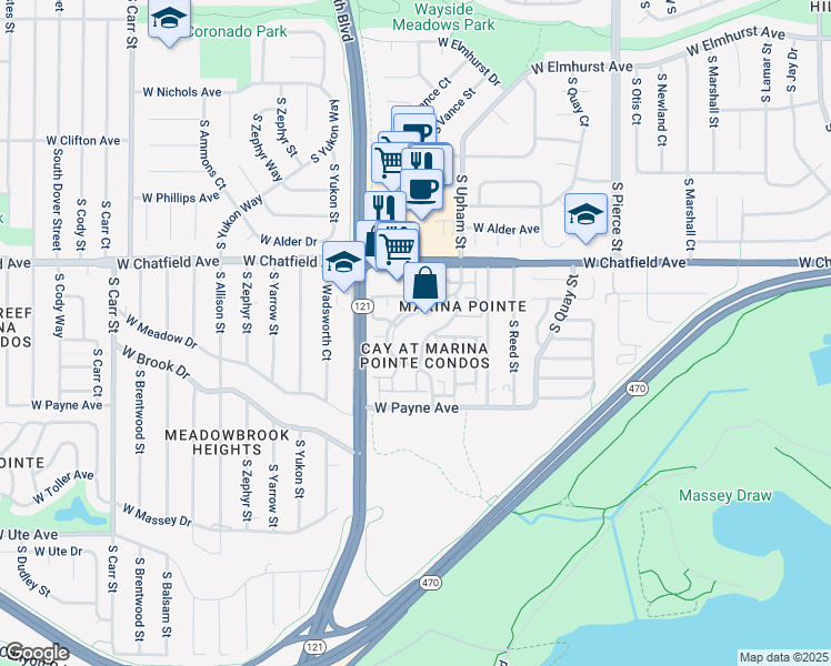 map of restaurants, bars, coffee shops, grocery stores, and more near 8400 South Upham Way in Littleton
