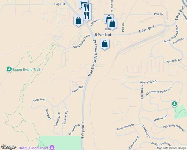 map of restaurants, bars, coffee shops, grocery stores, and more near 3720 North Virginia Street in Reno