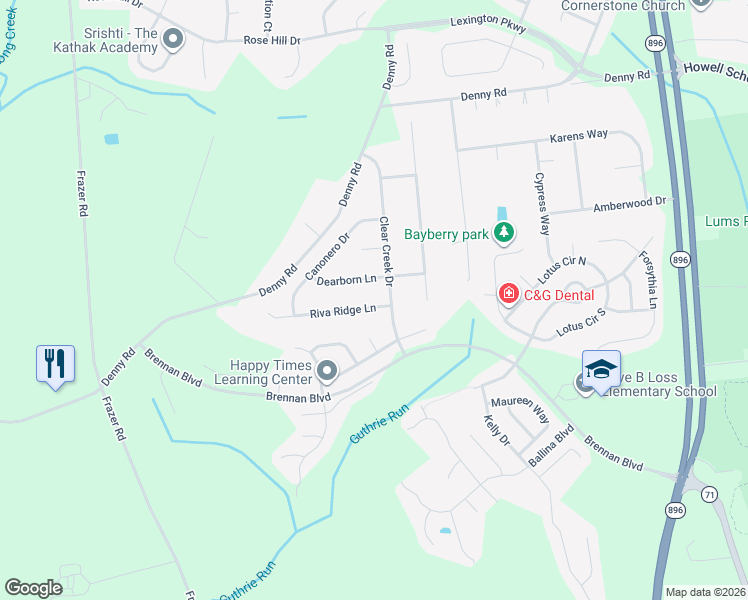 map of restaurants, bars, coffee shops, grocery stores, and more near 6 Riva Ridge Lane in Bear