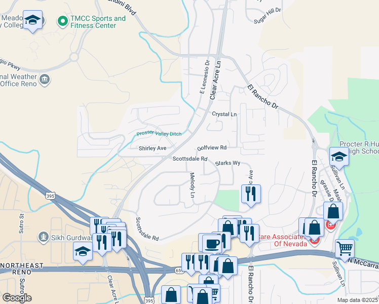 map of restaurants, bars, coffee shops, grocery stores, and more near 3909 Clear Acre Lane in Reno