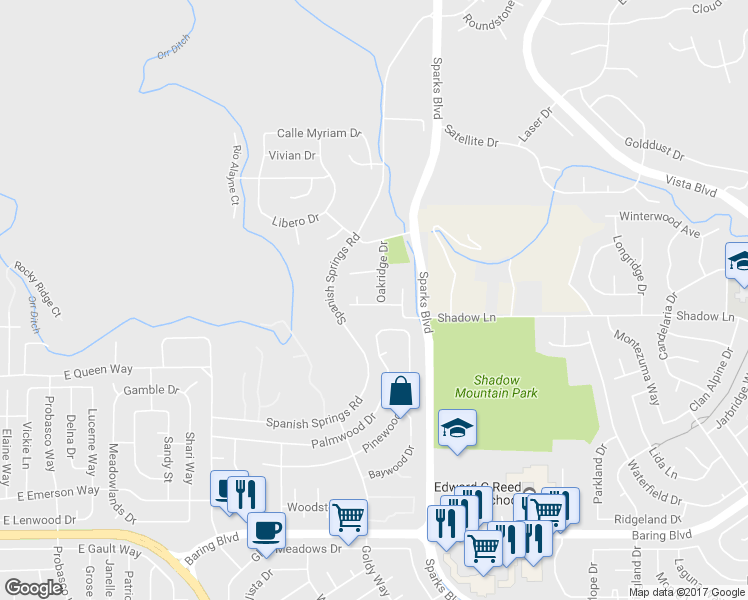 map of restaurants, bars, coffee shops, grocery stores, and more near 3545 Oakridge Drive in Sparks