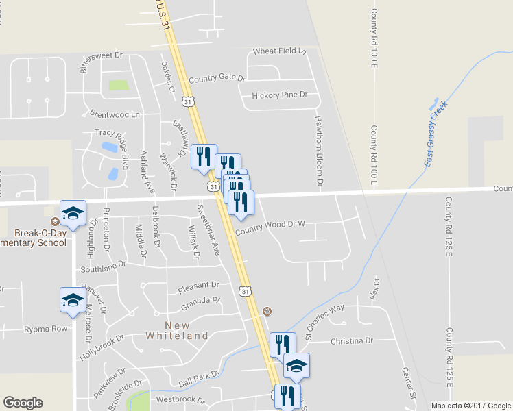map of restaurants, bars, coffee shops, grocery stores, and more near 20 Meadow Creek Boulevard in Whiteland