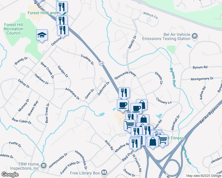 map of restaurants, bars, coffee shops, grocery stores, and more near 1721 Chrisemmett Court in Forest Hill