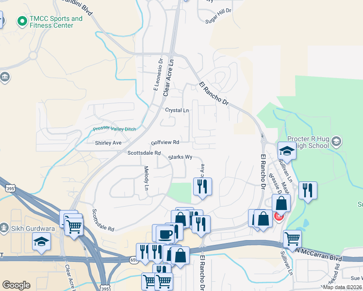 map of restaurants, bars, coffee shops, grocery stores, and more near 3924 Clear Acre Lane in Reno