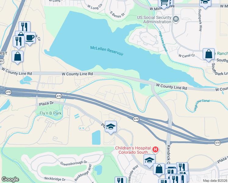 map of restaurants, bars, coffee shops, grocery stores, and more near 2205 Lavanto Lane in Littleton