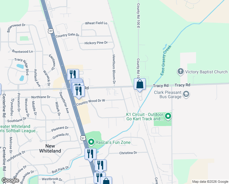 map of restaurants, bars, coffee shops, grocery stores, and more near 735 Tracy Road in Whiteland