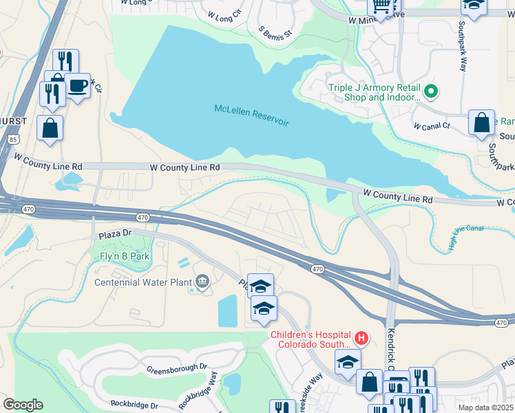 map of restaurants, bars, coffee shops, grocery stores, and more near 2320 Primo Road in Highlands Ranch
