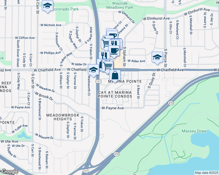 map of restaurants, bars, coffee shops, grocery stores, and more near 8400 South Upham Way in Littleton