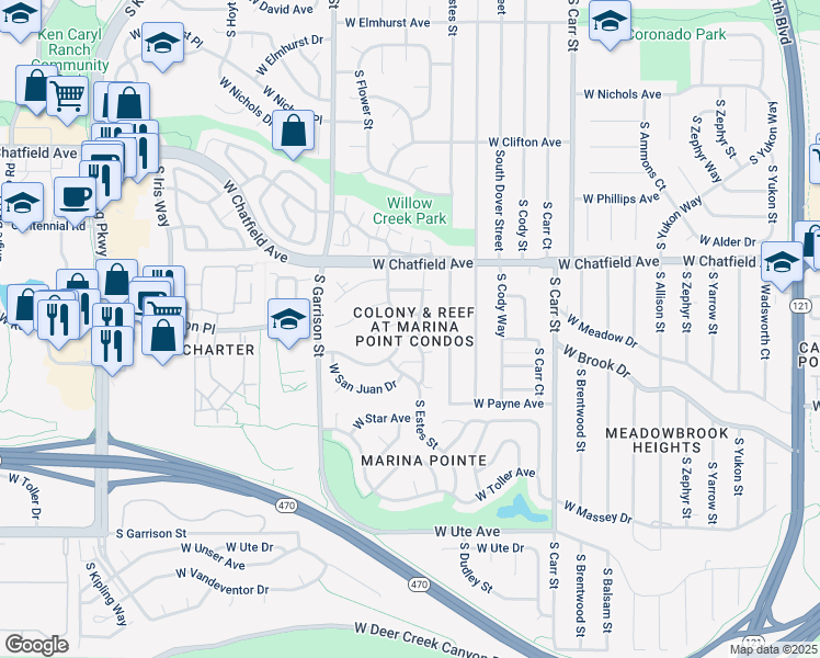 map of restaurants, bars, coffee shops, grocery stores, and more near 8434 South Everett Way in Littleton