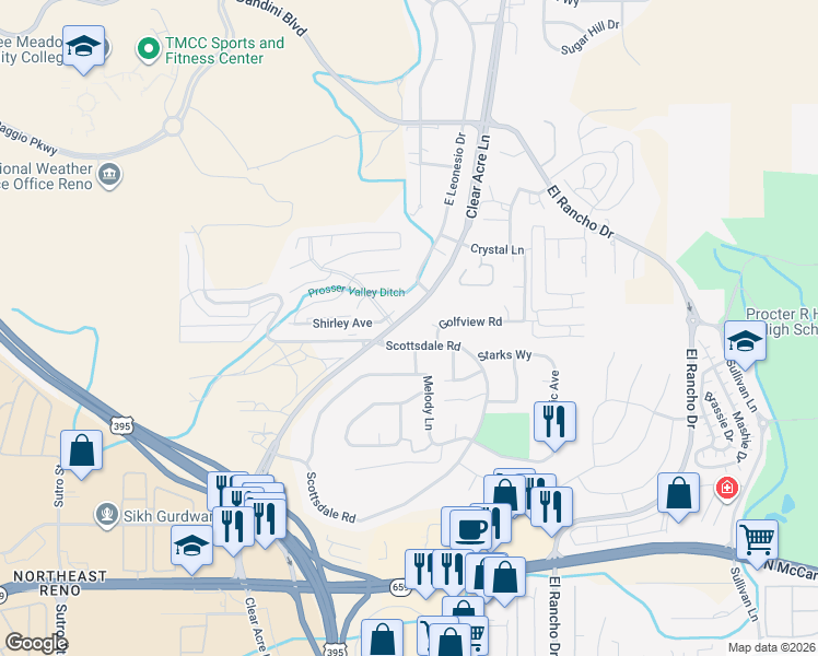 map of restaurants, bars, coffee shops, grocery stores, and more near 3620 Clear Acre Lane in Reno