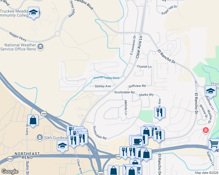map of restaurants, bars, coffee shops, grocery stores, and more near 3395 Scottsdale Road in Reno