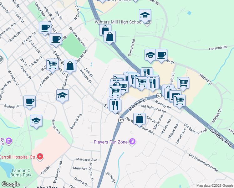 map of restaurants, bars, coffee shops, grocery stores, and more near in Westminster