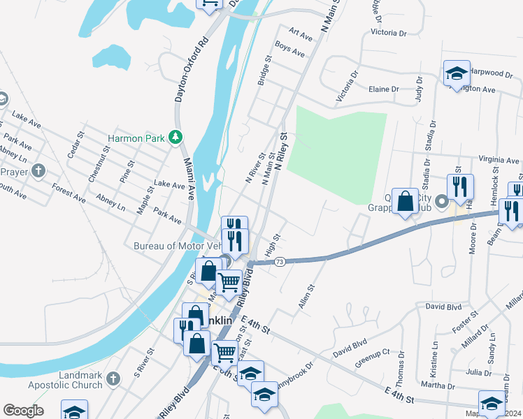 map of restaurants, bars, coffee shops, grocery stores, and more near 9 South Main Street in Franklin