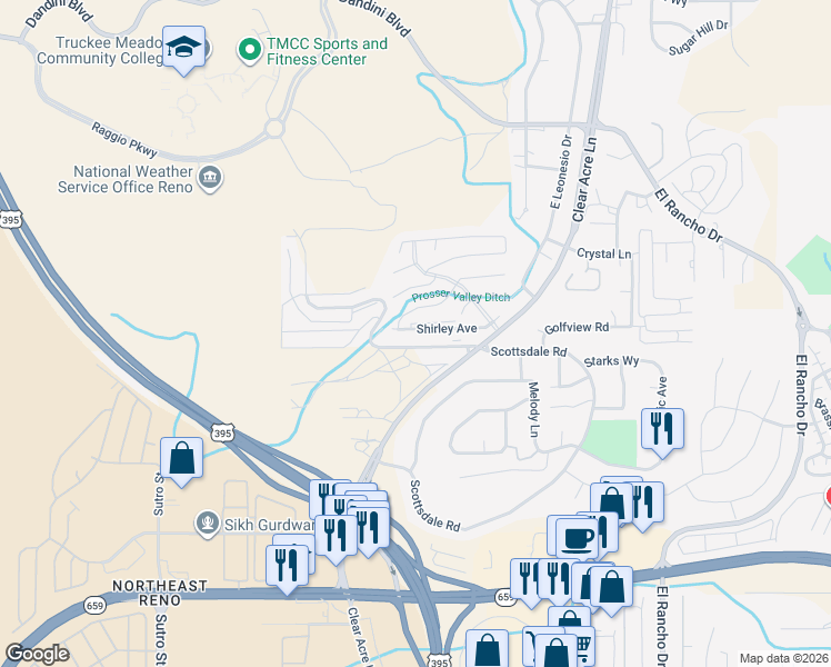 map of restaurants, bars, coffee shops, grocery stores, and more near 3345 Scottsdale Road in Reno