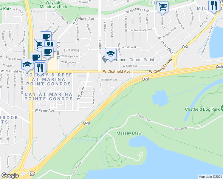 map of restaurants, bars, coffee shops, grocery stores, and more near 8405 South Newland Court in Littleton