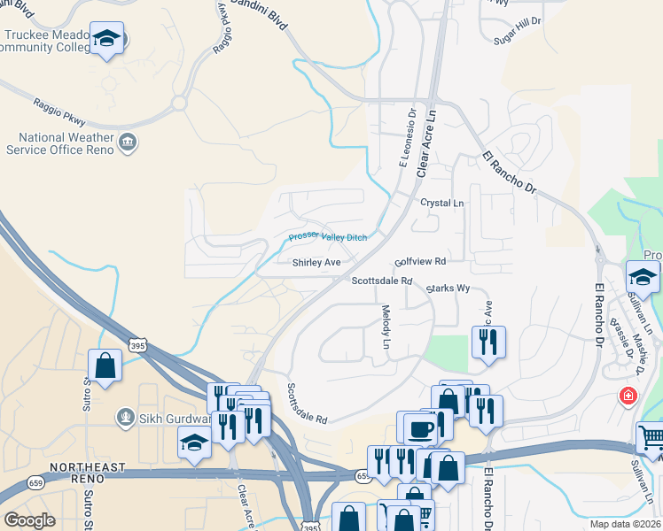 map of restaurants, bars, coffee shops, grocery stores, and more near 3395 Scottsdale Road in Reno