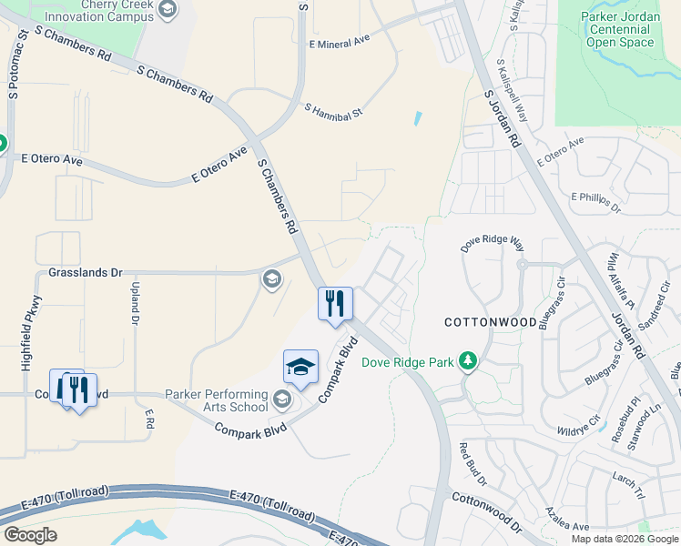 map of restaurants, bars, coffee shops, grocery stores, and more near 8379 Grasslands Way in Parker