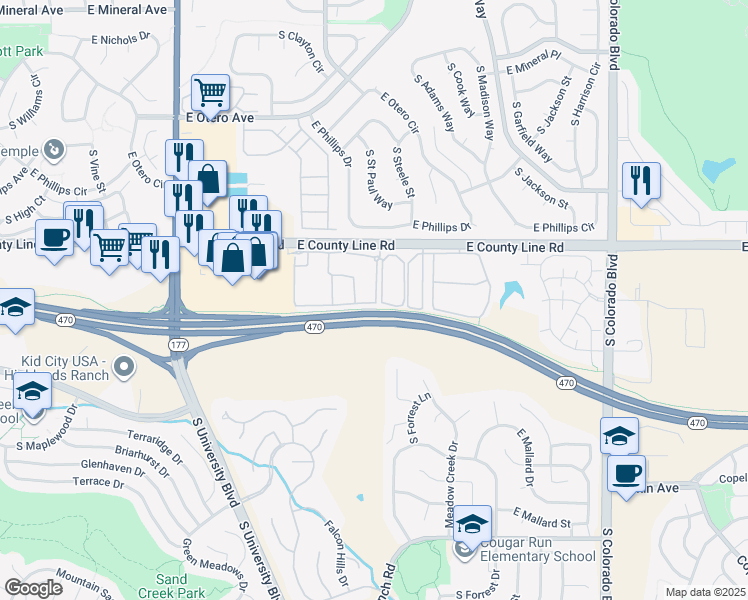 map of restaurants, bars, coffee shops, grocery stores, and more near 3089 East Blazing Lane in Highlands Ranch
