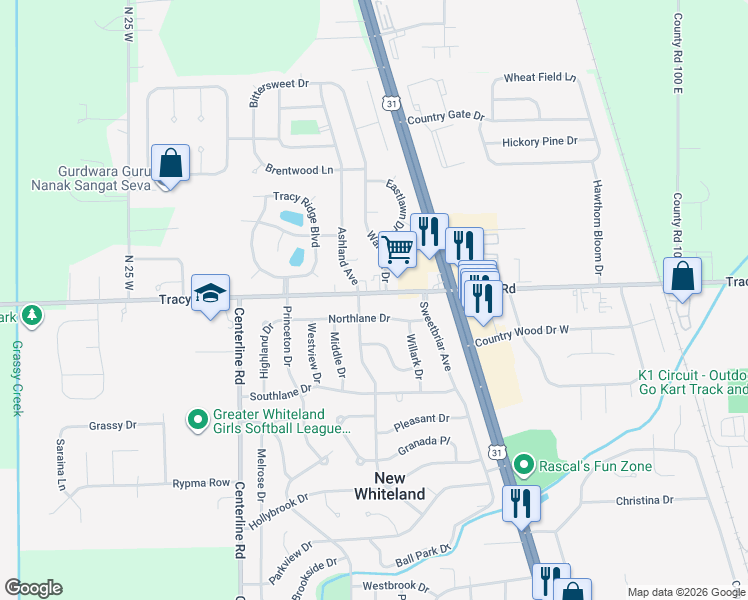 map of restaurants, bars, coffee shops, grocery stores, and more near 312 Northlane Drive in New Whiteland