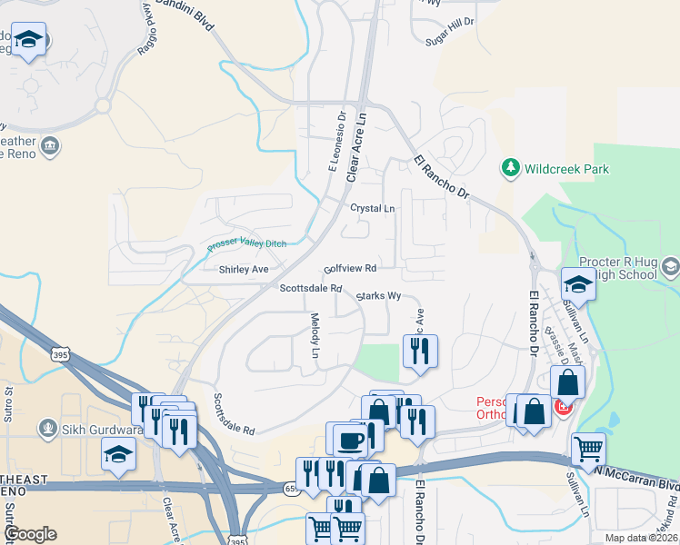 map of restaurants, bars, coffee shops, grocery stores, and more near 3914 Clear Acre Lane in Reno