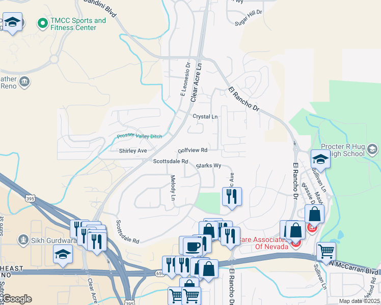 map of restaurants, bars, coffee shops, grocery stores, and more near 3916 Clear Acre Lane in Reno