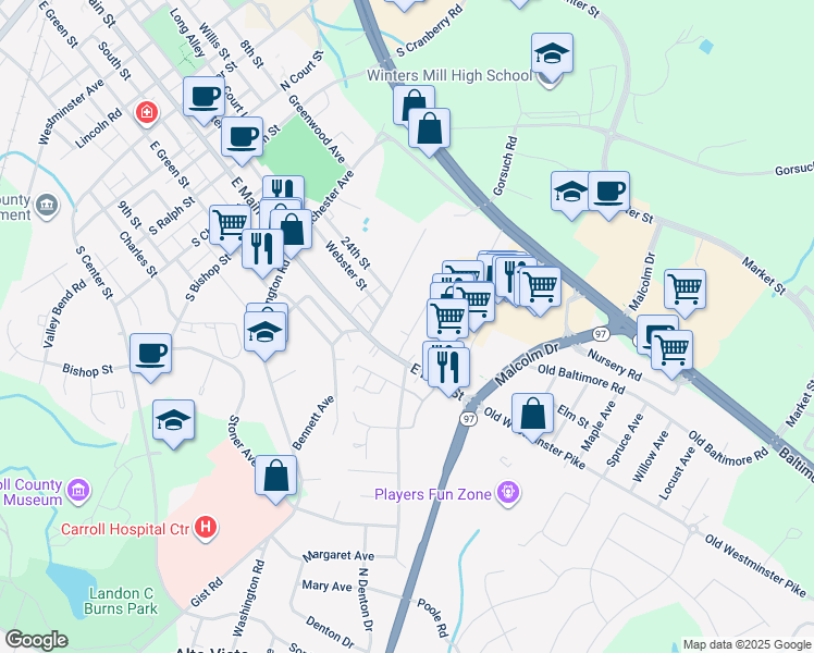 map of restaurants, bars, coffee shops, grocery stores, and more near 314 Fair Avenue in Westminster