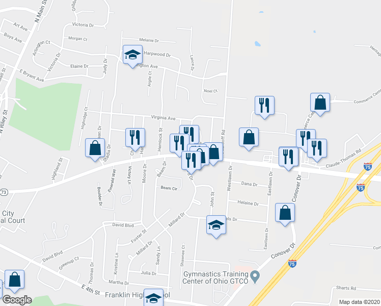 map of restaurants, bars, coffee shops, grocery stores, and more near 1031 E 2nd St in Franklin