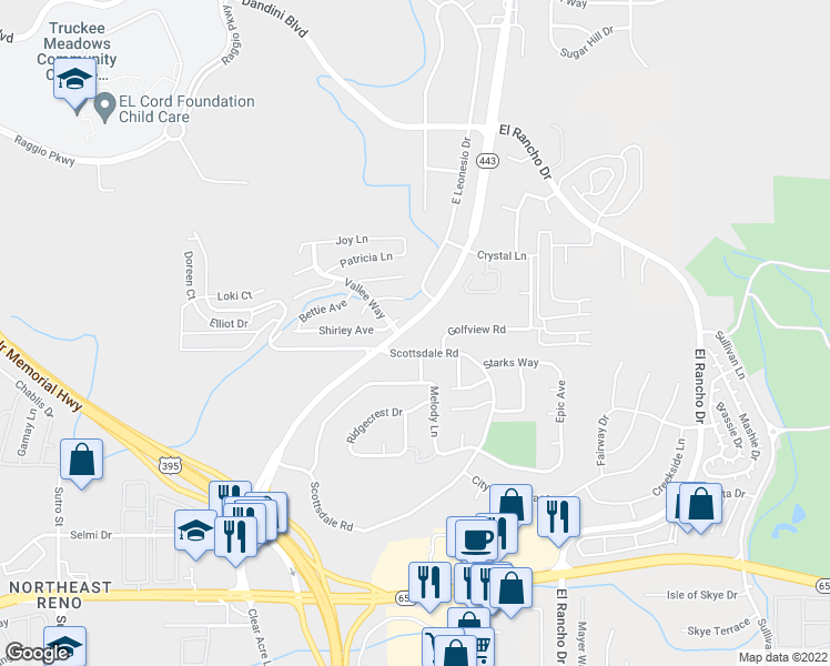 map of restaurants, bars, coffee shops, grocery stores, and more near 3903 Clear Acre Lane in Reno