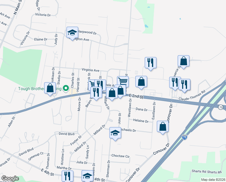 map of restaurants, bars, coffee shops, grocery stores, and more near 1063 East 2nd Street in Franklin