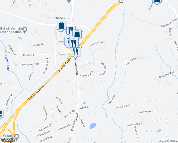 map of restaurants, bars, coffee shops, grocery stores, and more near 1310 Roman Ridge Way in Bel Air