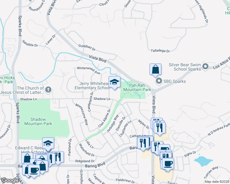 map of restaurants, bars, coffee shops, grocery stores, and more near 3570 Waterfall Drive in Sparks