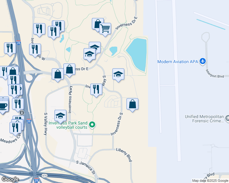 map of restaurants, bars, coffee shops, grocery stores, and more near 324 Inverness Drive South in Englewood