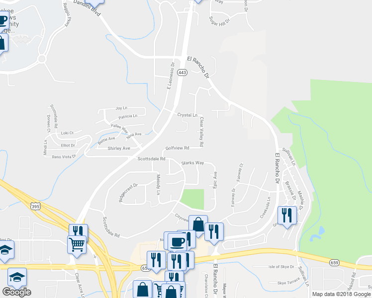map of restaurants, bars, coffee shops, grocery stores, and more near 3924 Clear Acre Lane in Reno