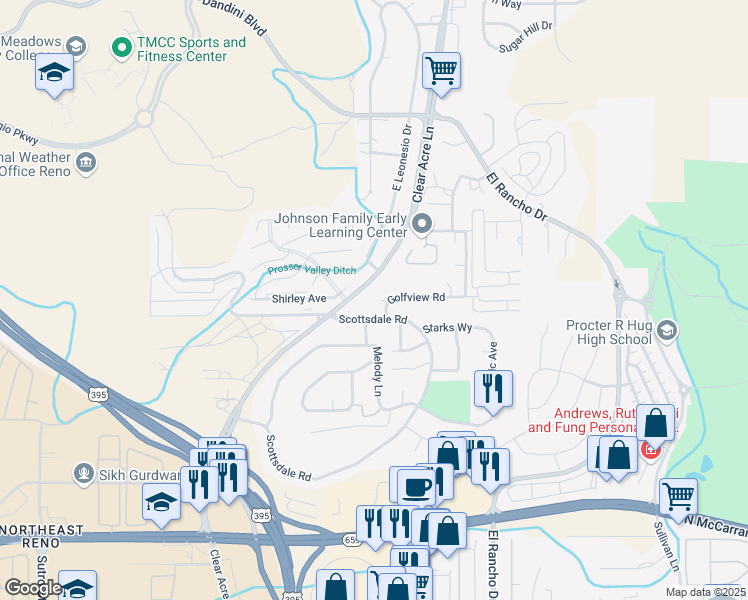 map of restaurants, bars, coffee shops, grocery stores, and more near 3909 Clear Acre Lane in Reno