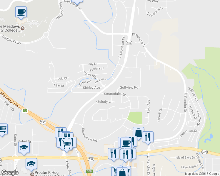 map of restaurants, bars, coffee shops, grocery stores, and more near 3620 Clear Acre Lane in Reno