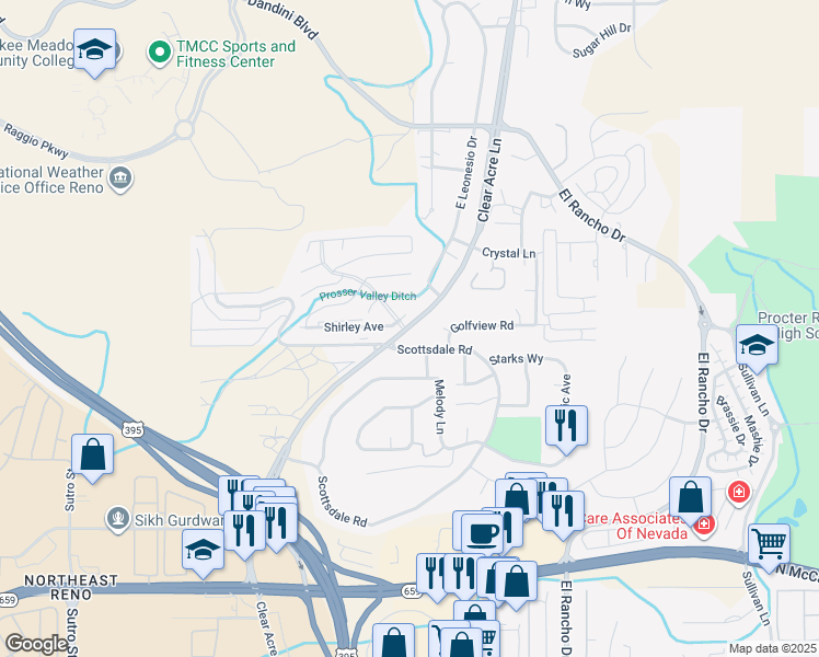 map of restaurants, bars, coffee shops, grocery stores, and more near 3620 Clear Acre Lane in Reno
