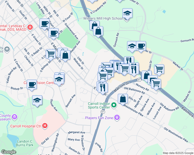 map of restaurants, bars, coffee shops, grocery stores, and more near 323 Fair Avenue in Westminster