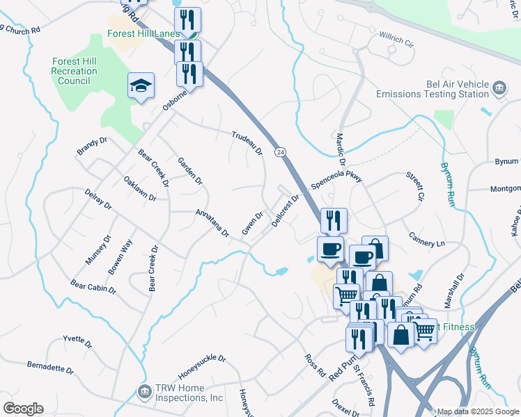 map of restaurants, bars, coffee shops, grocery stores, and more near 102G Gwen Drive in Bel Air North