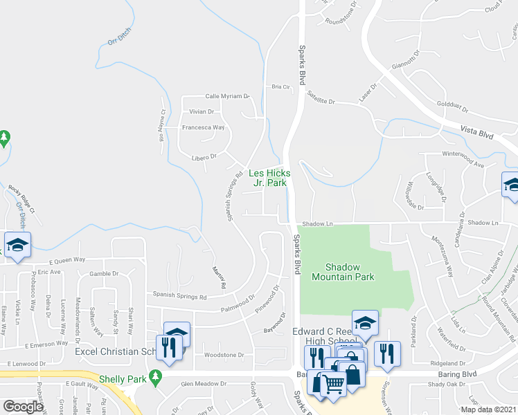 map of restaurants, bars, coffee shops, grocery stores, and more near 3555 Oakridge Drive in Sparks