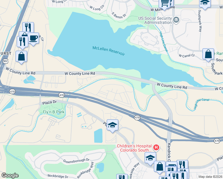 map of restaurants, bars, coffee shops, grocery stores, and more near 2320 Primo Road in Highlands Ranch