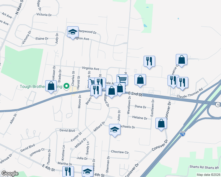 map of restaurants, bars, coffee shops, grocery stores, and more near 1063 East 2nd Street in Franklin