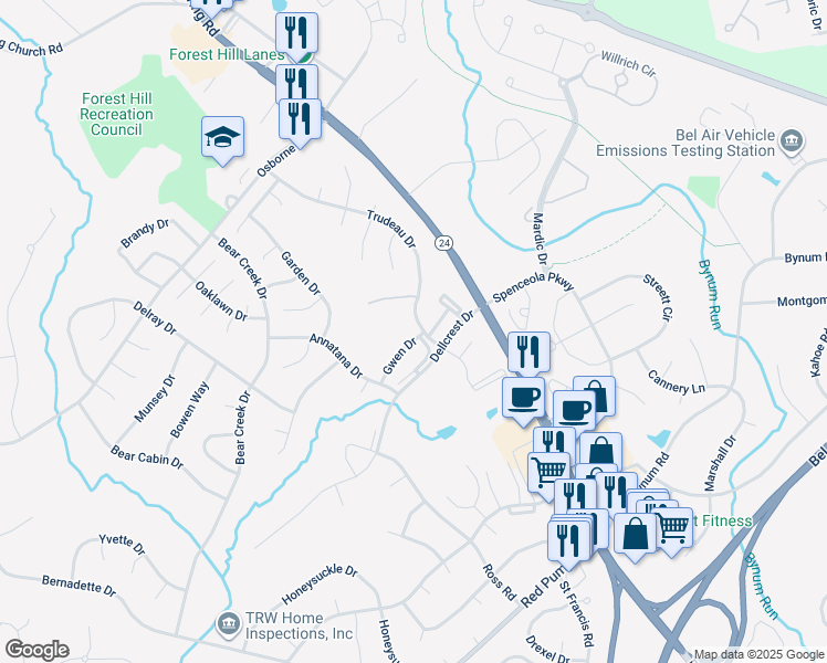 map of restaurants, bars, coffee shops, grocery stores, and more near 102G Gwen Drive in Bel Air North