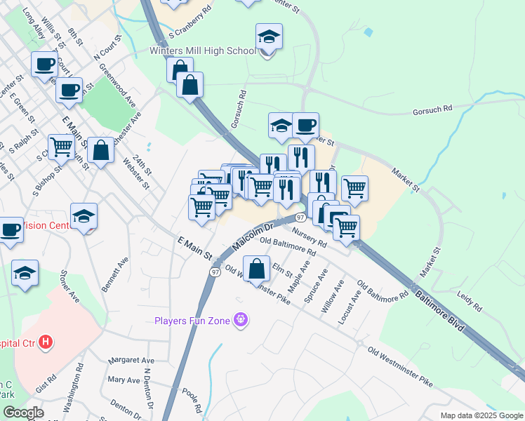 map of restaurants, bars, coffee shops, grocery stores, and more near 316 New Washington Road in Westminster