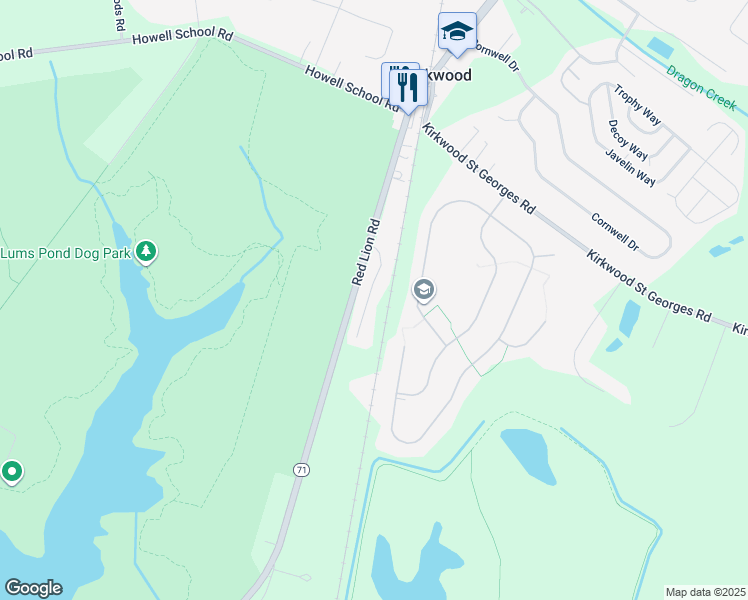 map of restaurants, bars, coffee shops, grocery stores, and more near 15 Catherine Court in Bear