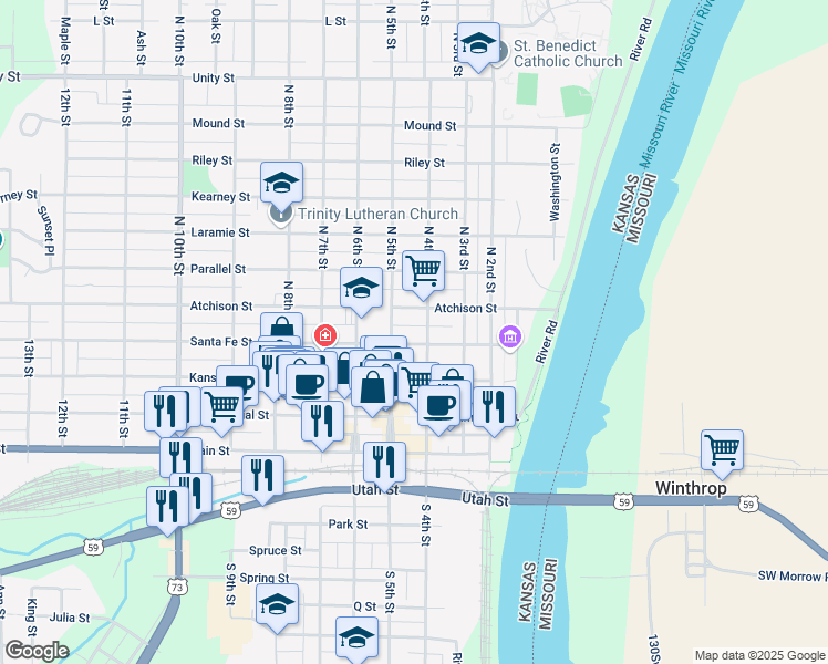 map of restaurants, bars, coffee shops, grocery stores, and more near 421 Santa Fe Street in Atchison