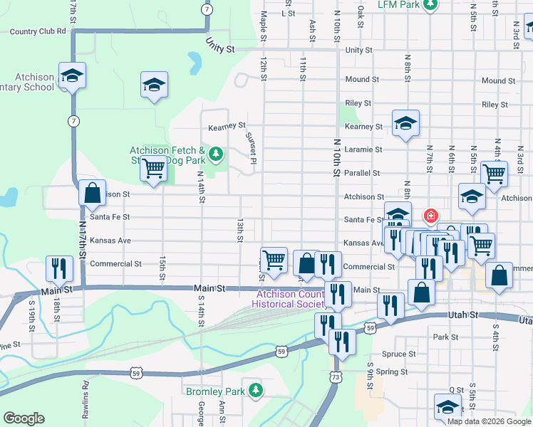 map of restaurants, bars, coffee shops, grocery stores, and more near 1121 Santa Fe Street in Atchison