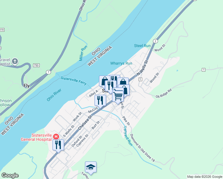 map of restaurants, bars, coffee shops, grocery stores, and more near 213 Charles Street in Sistersville