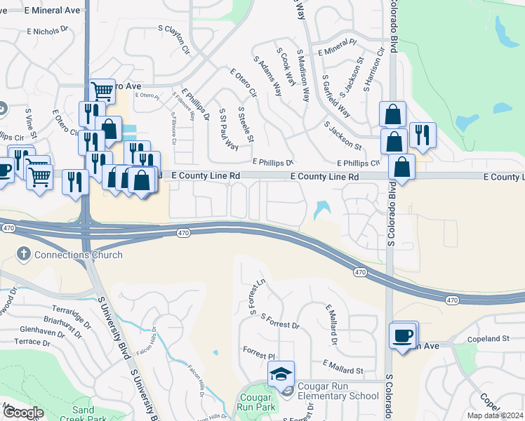 map of restaurants, bars, coffee shops, grocery stores, and more near 8362 Stonybridge Circle in Littleton