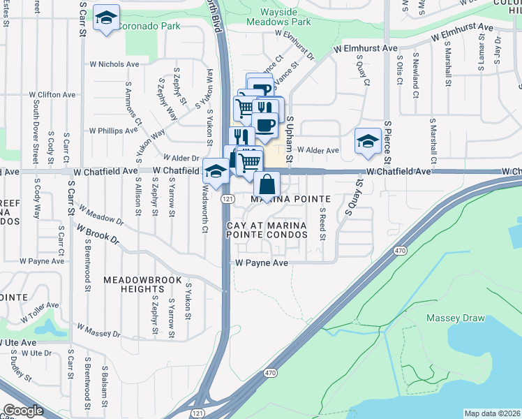 map of restaurants, bars, coffee shops, grocery stores, and more near 8400 South Upham Way in Littleton